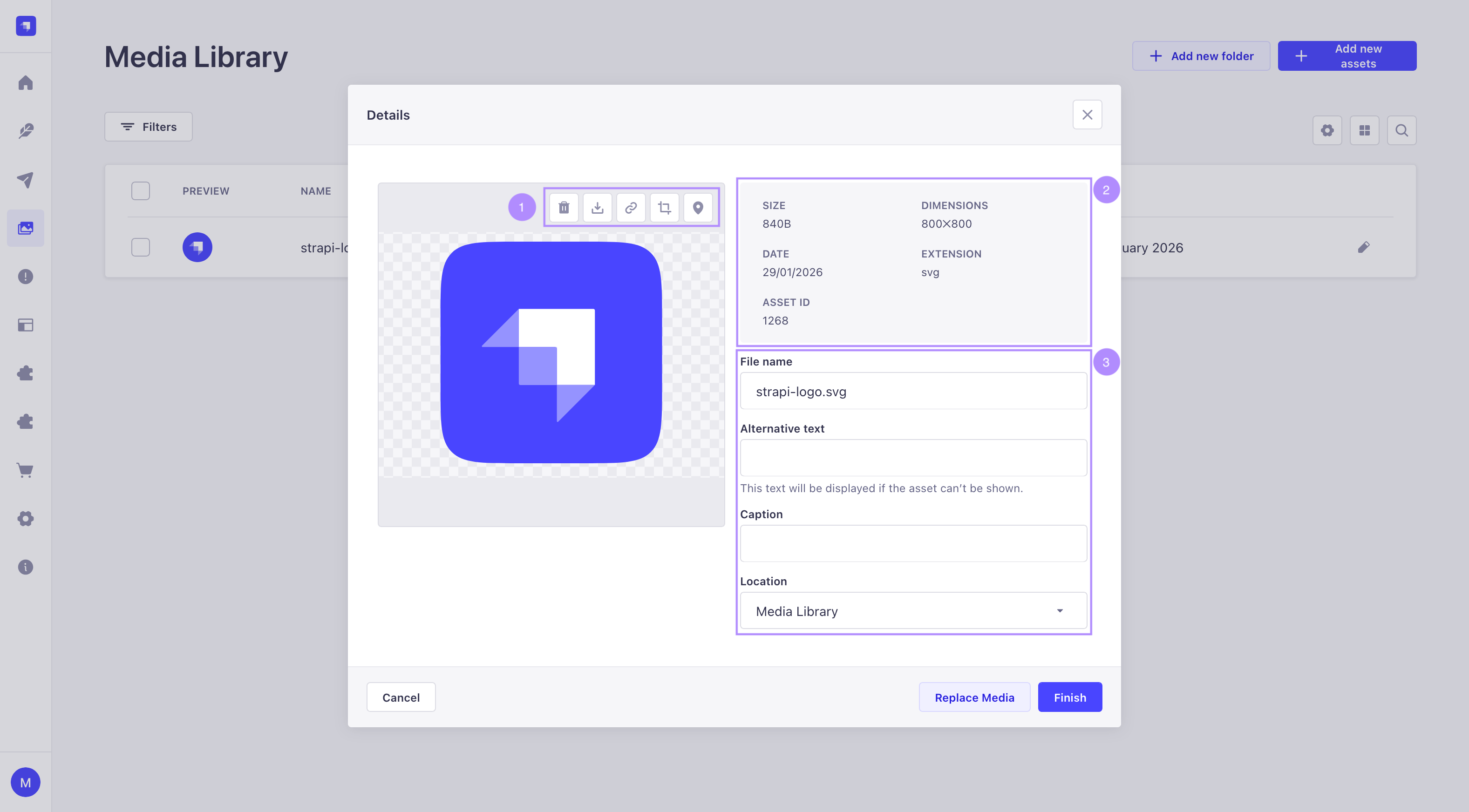 Annotated asset details window screenshot